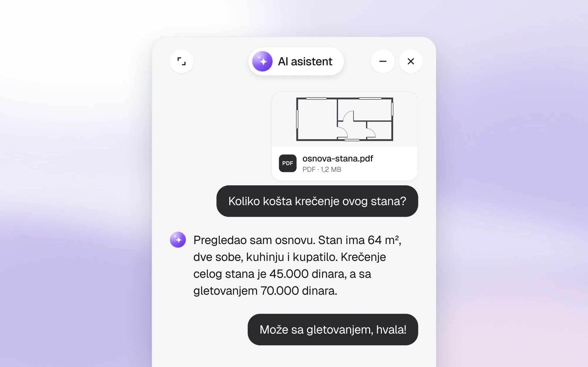 AI asistent čita osnovu stana iz PDF dokumenta i računa cenu krečenja
