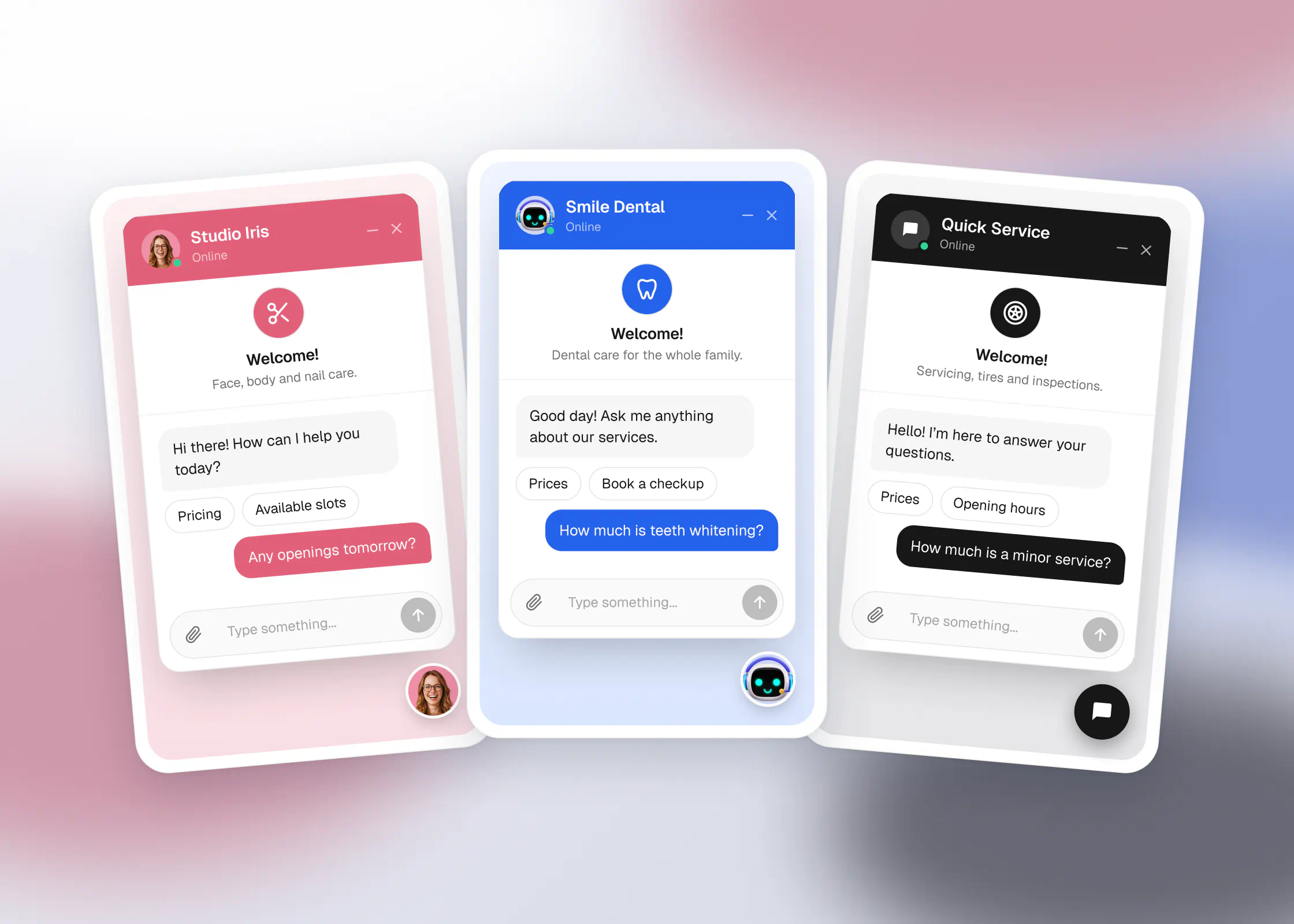 Three AI assistants styled with the colors and logos of different businesses