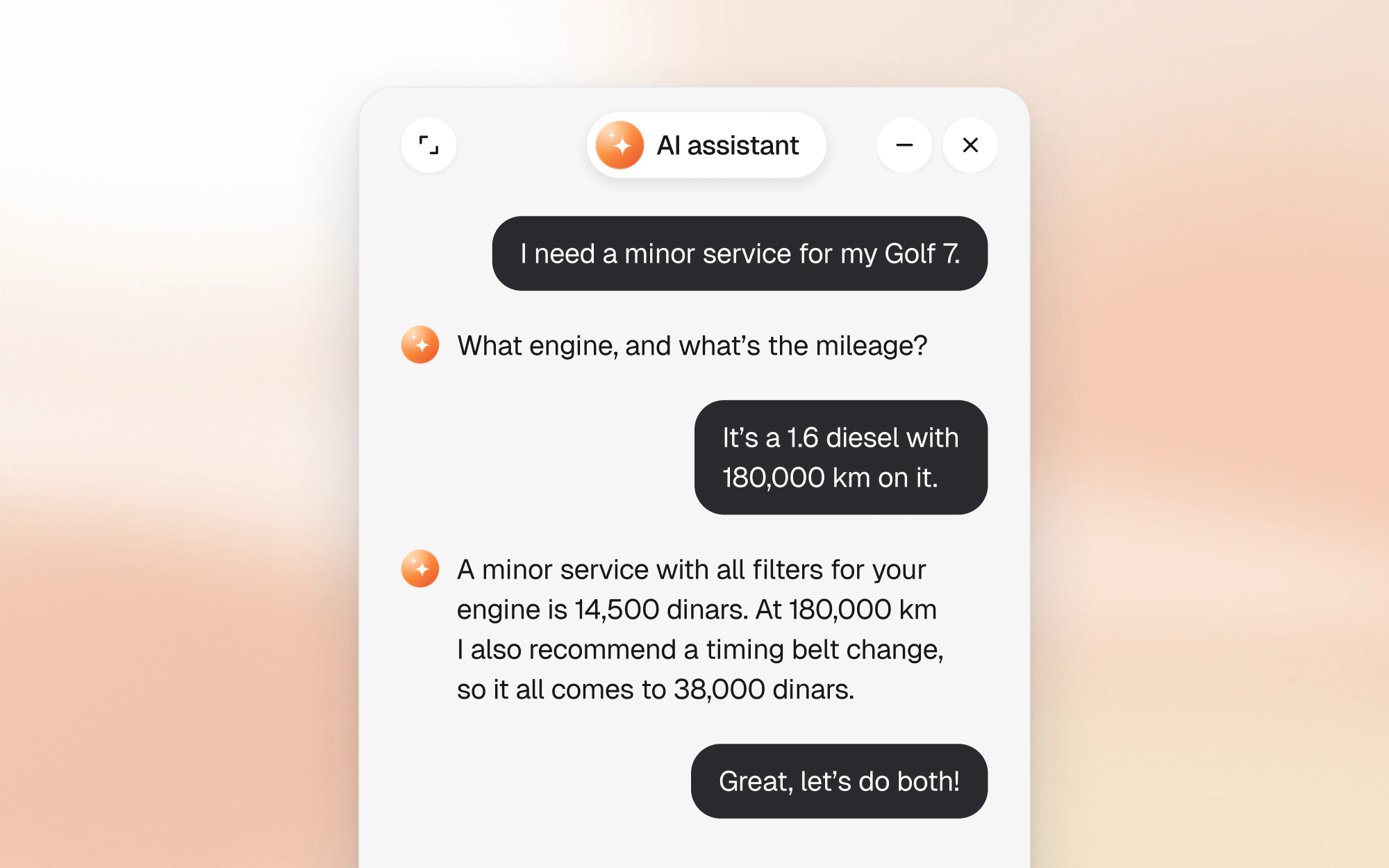 AI assistant putting together an offer for a minor car service and a timing belt change