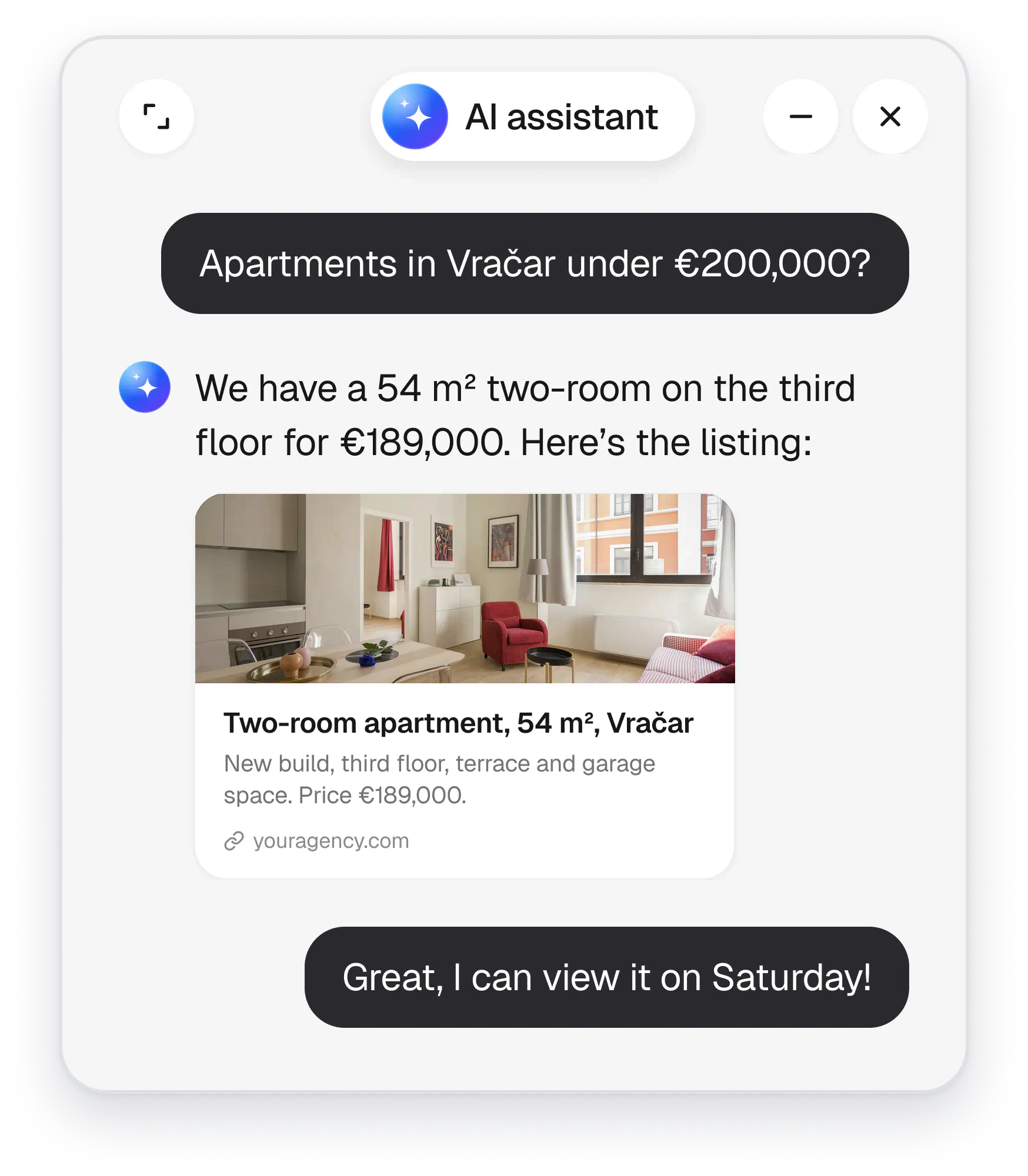 The AI assistant sends a listing for a two-room apartment in Vračar