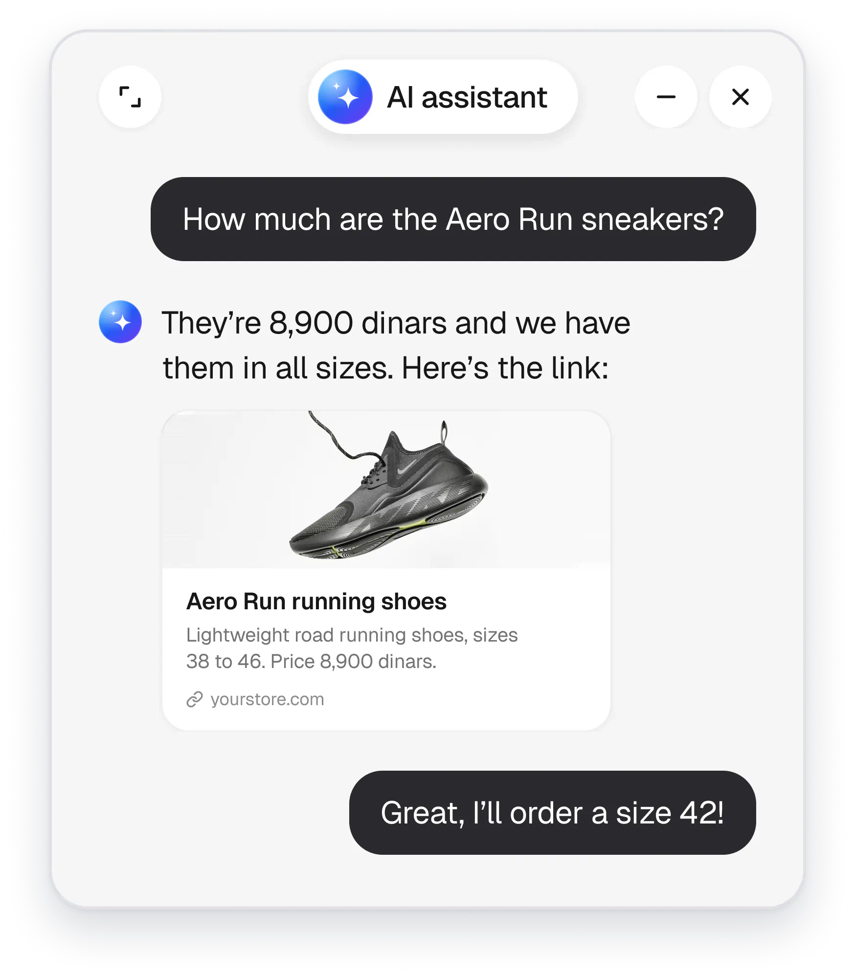 The AI assistant sends the price and a link for Aero Run sneakers