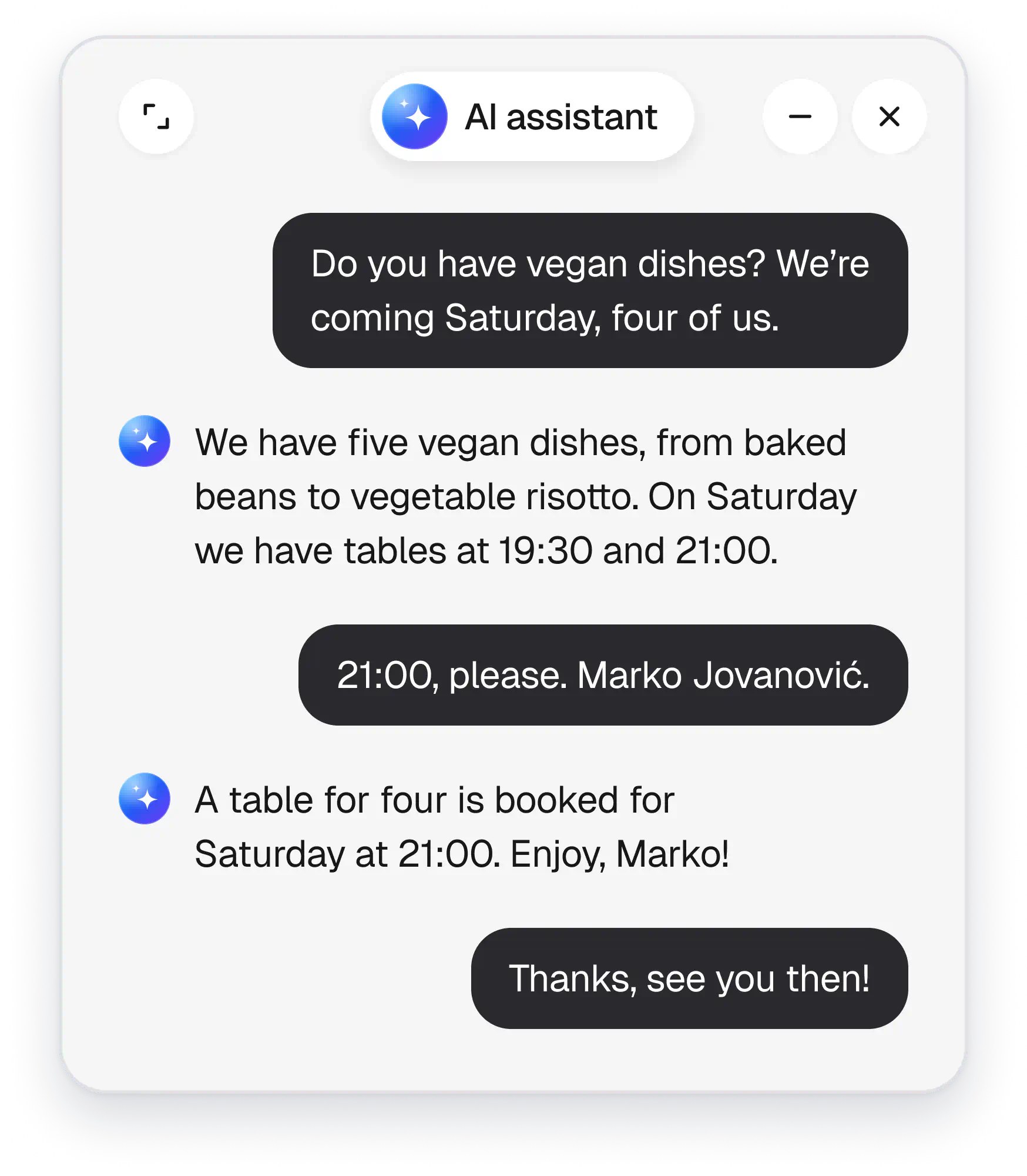 The AI assistant books a table for four on Saturday at 21:00