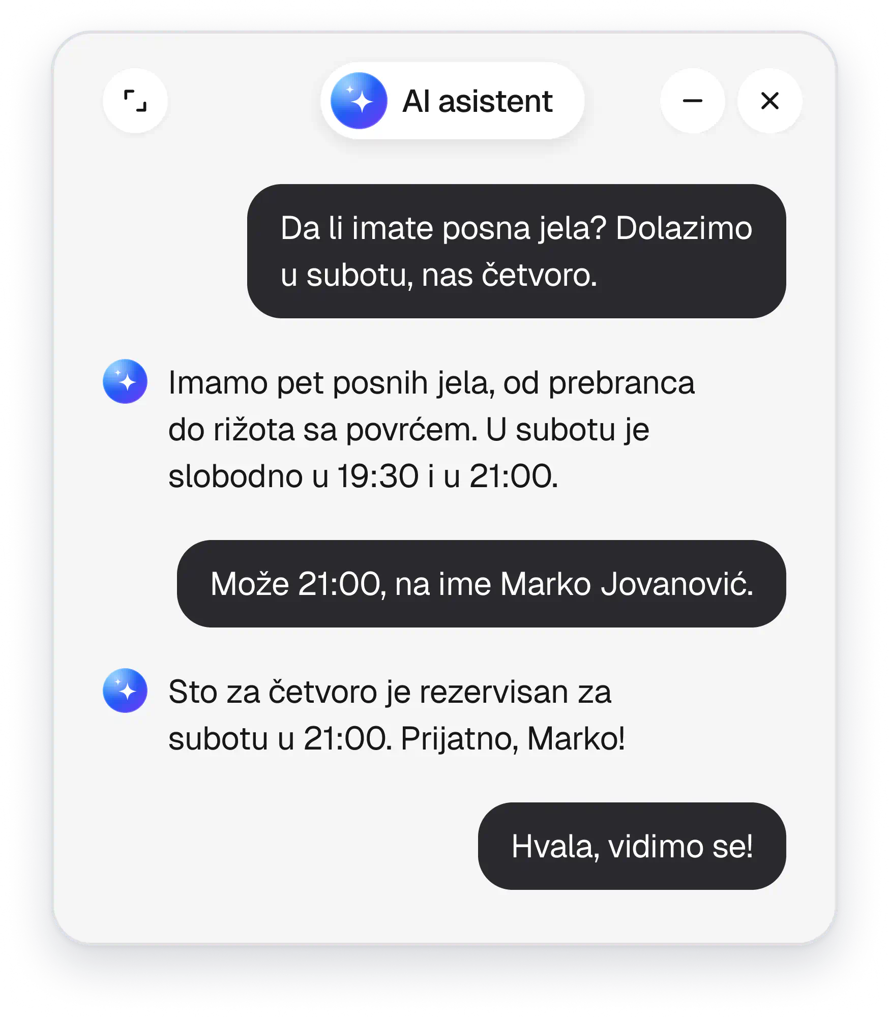AI asistent rezerviše sto za četvoro za subotu u 21:00
