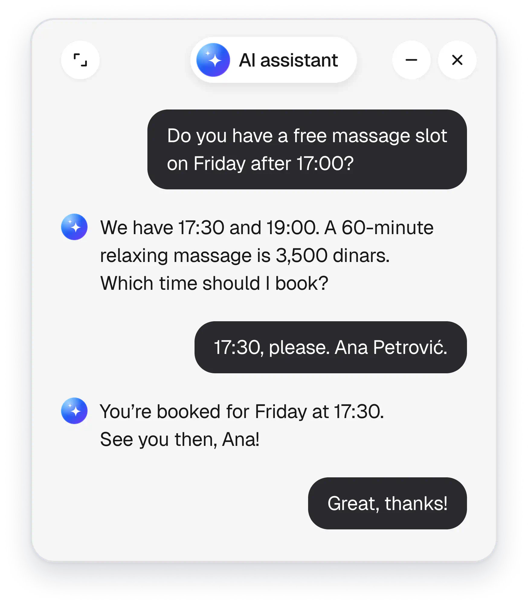 The AI assistant books a massage for Friday at 17:30