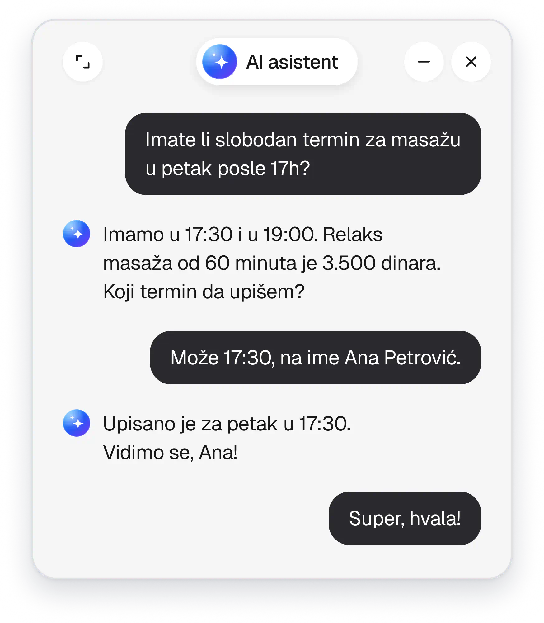 AI asistent zakazuje masažu za petak u 17:30