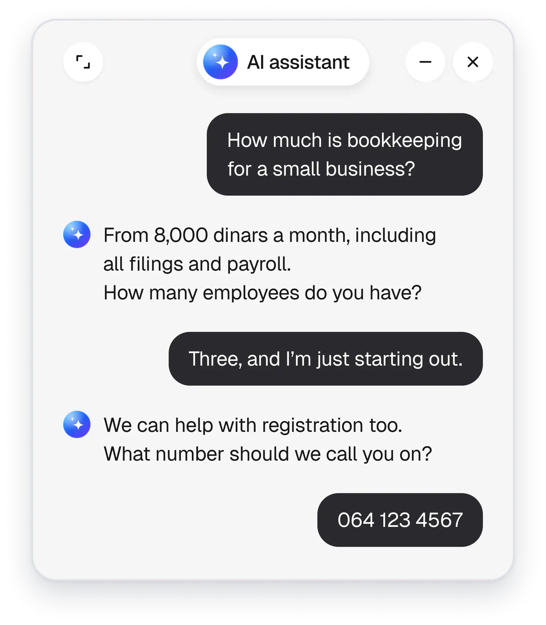 The AI assistant answers what bookkeeping costs and takes a phone number