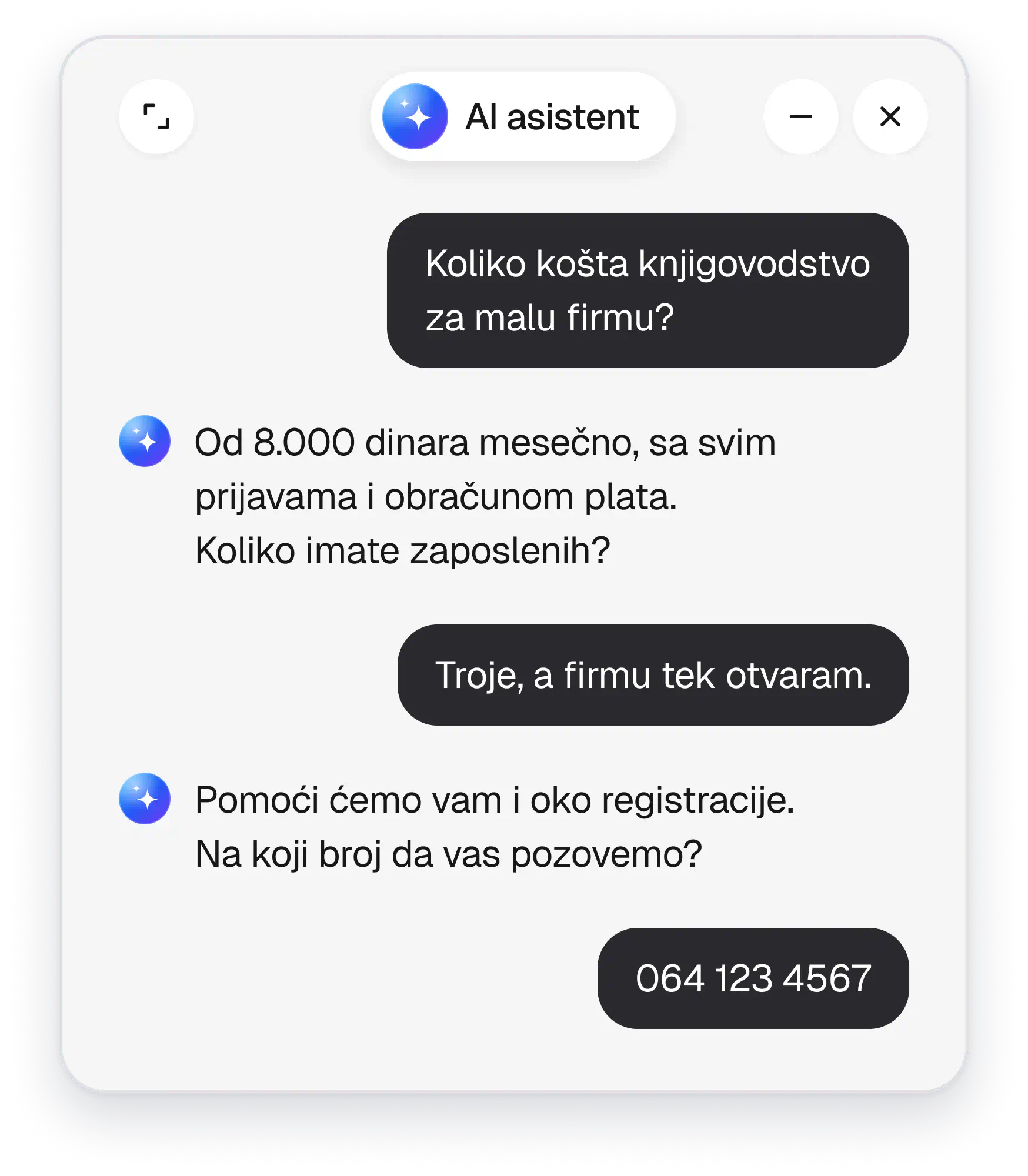 AI asistent odgovara koliko košta knjigovodstvo i uzima broj telefona