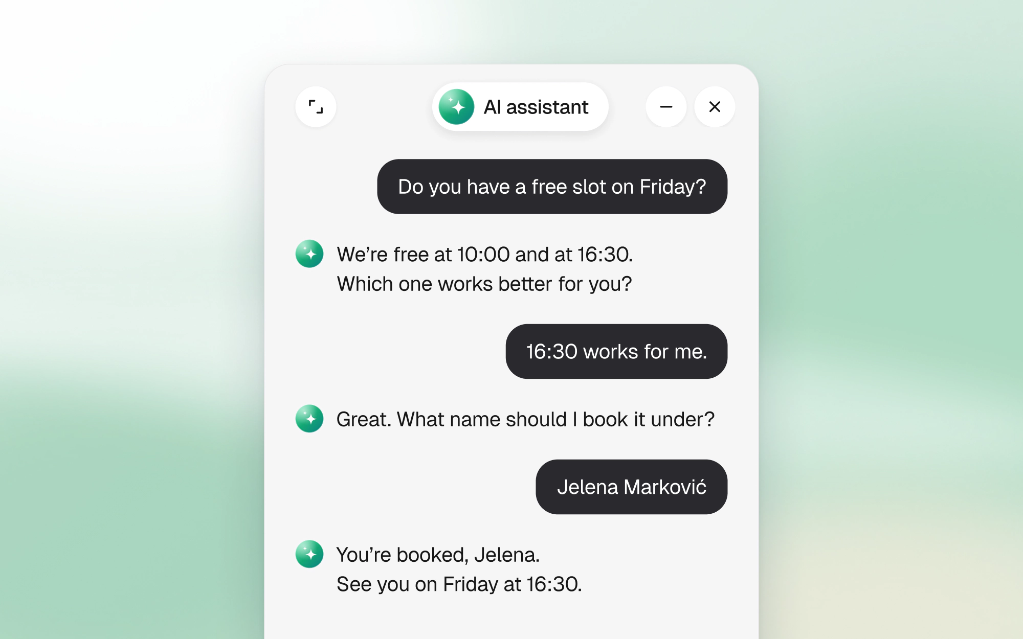 AI assistant booking an appointment for Friday at 16:30