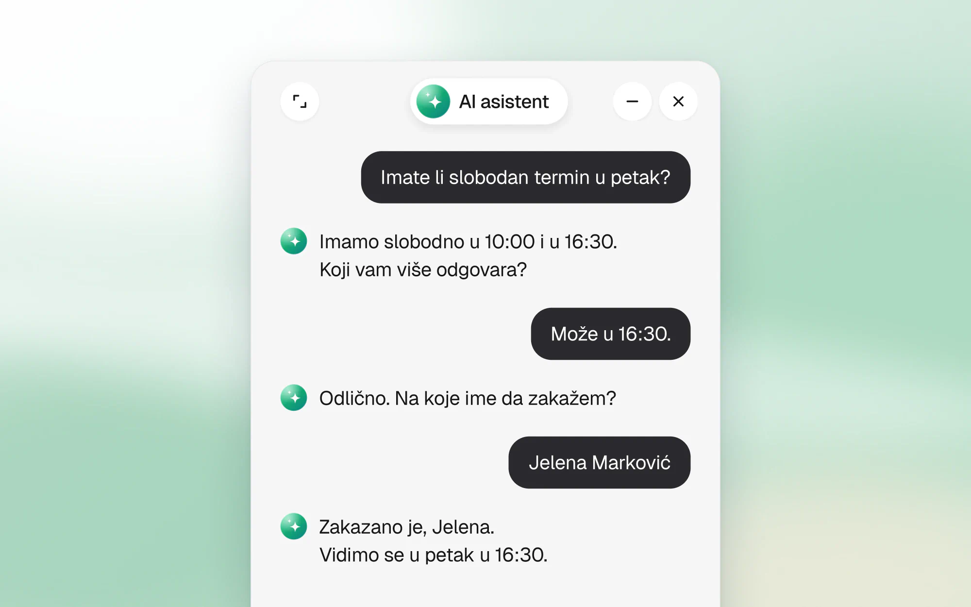 AI asistent zakazuje termin za petak u 16:30